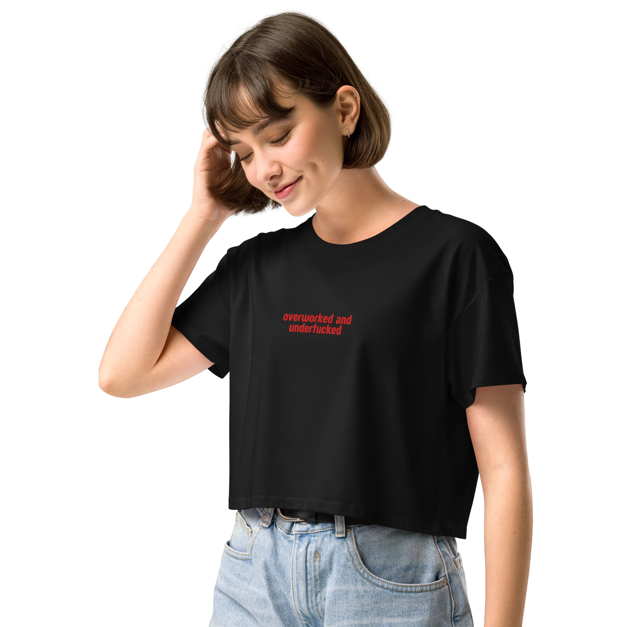 Overworked and Underfucked Embroidered Crop Tee - Image 6